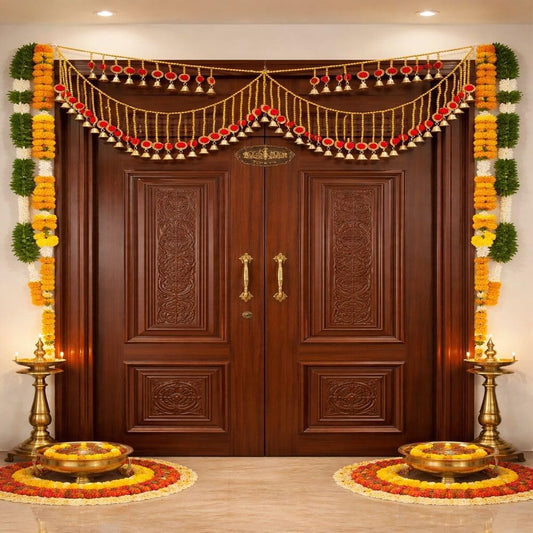 Sellplus Handmade Traditional Pom Pom Bell Bandhanwar with Golden Beads Decorative Main Door Toran for Pooja Room and Festive Decoration Pack of 1 | Pack of 1 (BDHW91)