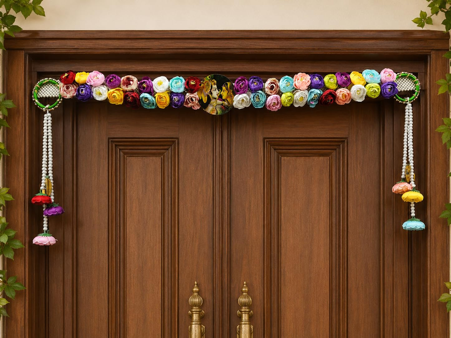 Sellplus Traditional Handmade Divine Artificial Flower Bandhanwar | Decoartive MDF Radha Krishna Multicolor Floral Bandhanwar for Main Door Entrance and Welcoming Area (Pack of 1) (BDHW27)