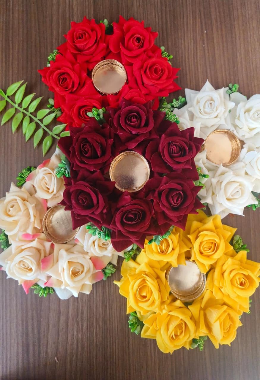 Sellplus Decorative Velvet Rose Tealight Holder | Decoration for Home | Office | Diwali | Pooja | Diwali & All Special Festival Decor (Design 9) (Pack of 2)