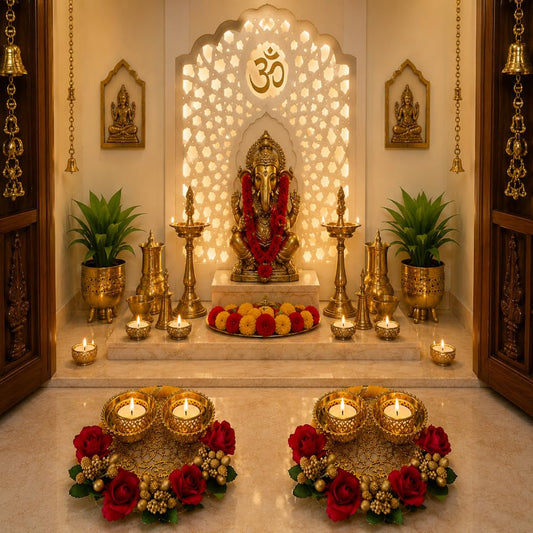 Sellplus Handmade Decorative Double Bowl Pooja Thali with Floral Design Metal Finish Kumkum Roli Chawal Holder for Festival Home Temple Diwali Wedding Return Gift Decoration (Tealight-143)