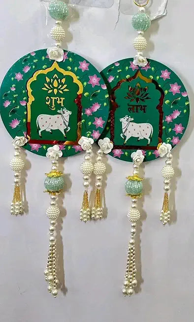 Nutts Handmade Shubh Labh Cow Wall Hanging Decorative Toran | Traditional Pearl Latkan for Home Temple Door Decor Pack of 2 (SMALL116-2)