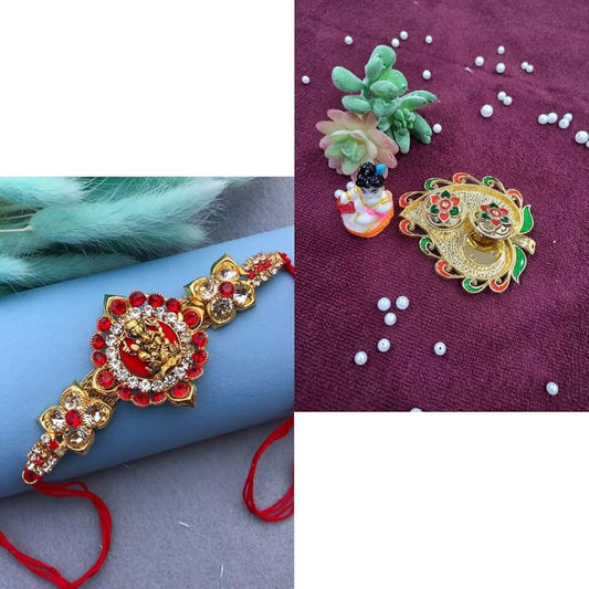 Combo of 1 Rakhi for Brother with Leaf Style Haldi kumkum Chandhan Holder Plate Gifts Combo With Small Lord Set,Brother Rakhi Set (Ganesh Ji)