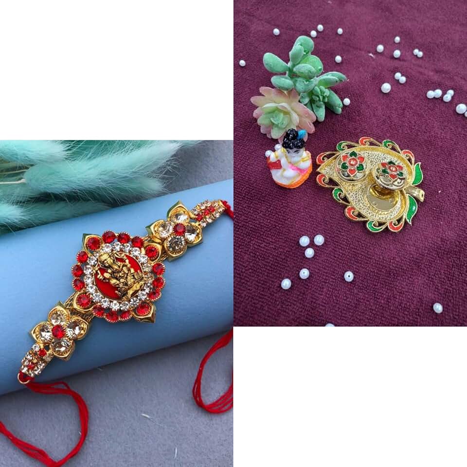 Combo of 1 Rakhi for Brother with Leaf Style Haldi kumkum Chandhan Holder Plate Gifts Combo With Small Lord Set,Brother Rakhi Set (Krishan Ji)