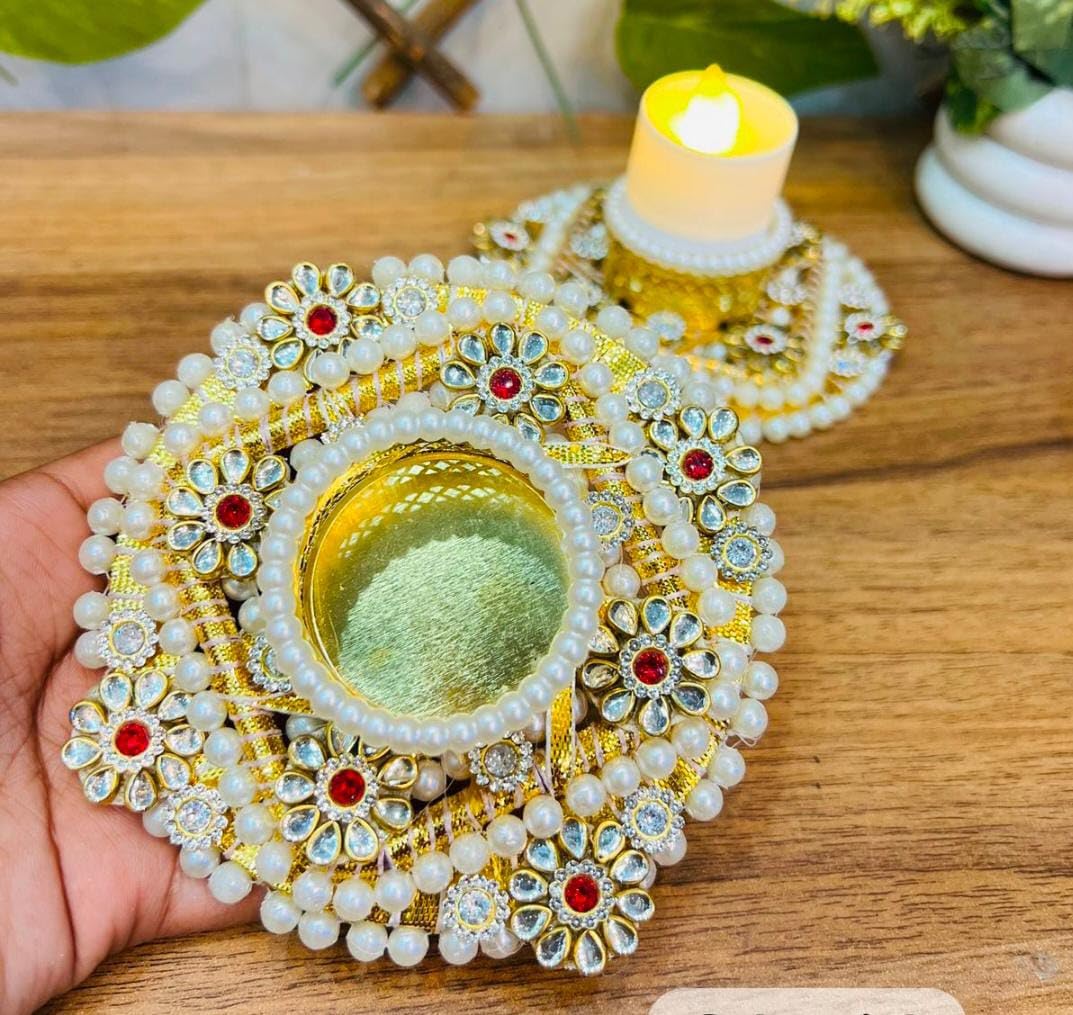 Sellplus Handmade Fabric & Bead Decorative Tealight Holder for Festival Puja Rangoli Decoration (Tealight-320)