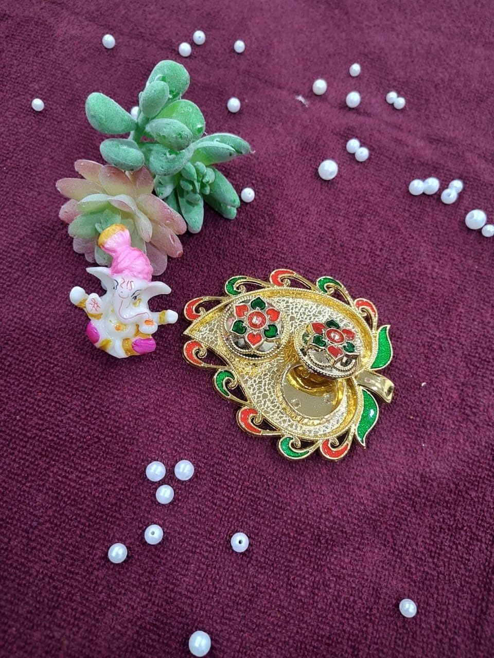 Nutts Decorative Pooja Thali Haldi Kumkum Chandhan Holder Plate Gifts With Small Lord Set for Home & Office Decoration & Gifting (Ganesh Ji Leaf Shape) (PoojaP21-1)