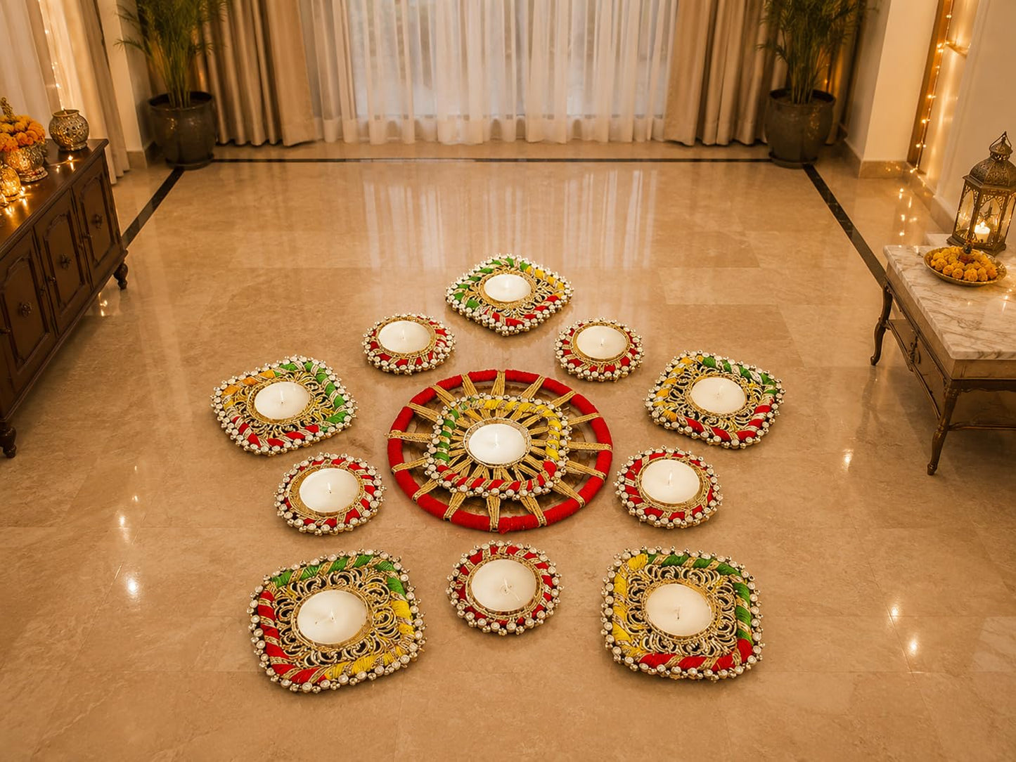 Sellplus Decorative Multi Chudi Rangoli Set with Tealight Holder | Diwali Gift Diya | Decoration for Home | Office | Pooja | Diwali & All Special Festival Decor (Design 16)(Rang49)