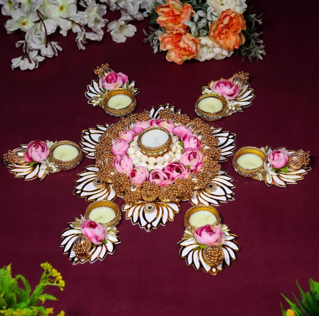 Sellplus Elegant Handmade Rangoli Tealight Set Traditional Festival Floor Decoration Reusable Decorative Design for Diwali Pooja Home Entrance Celebration Decor (Rang27-2)