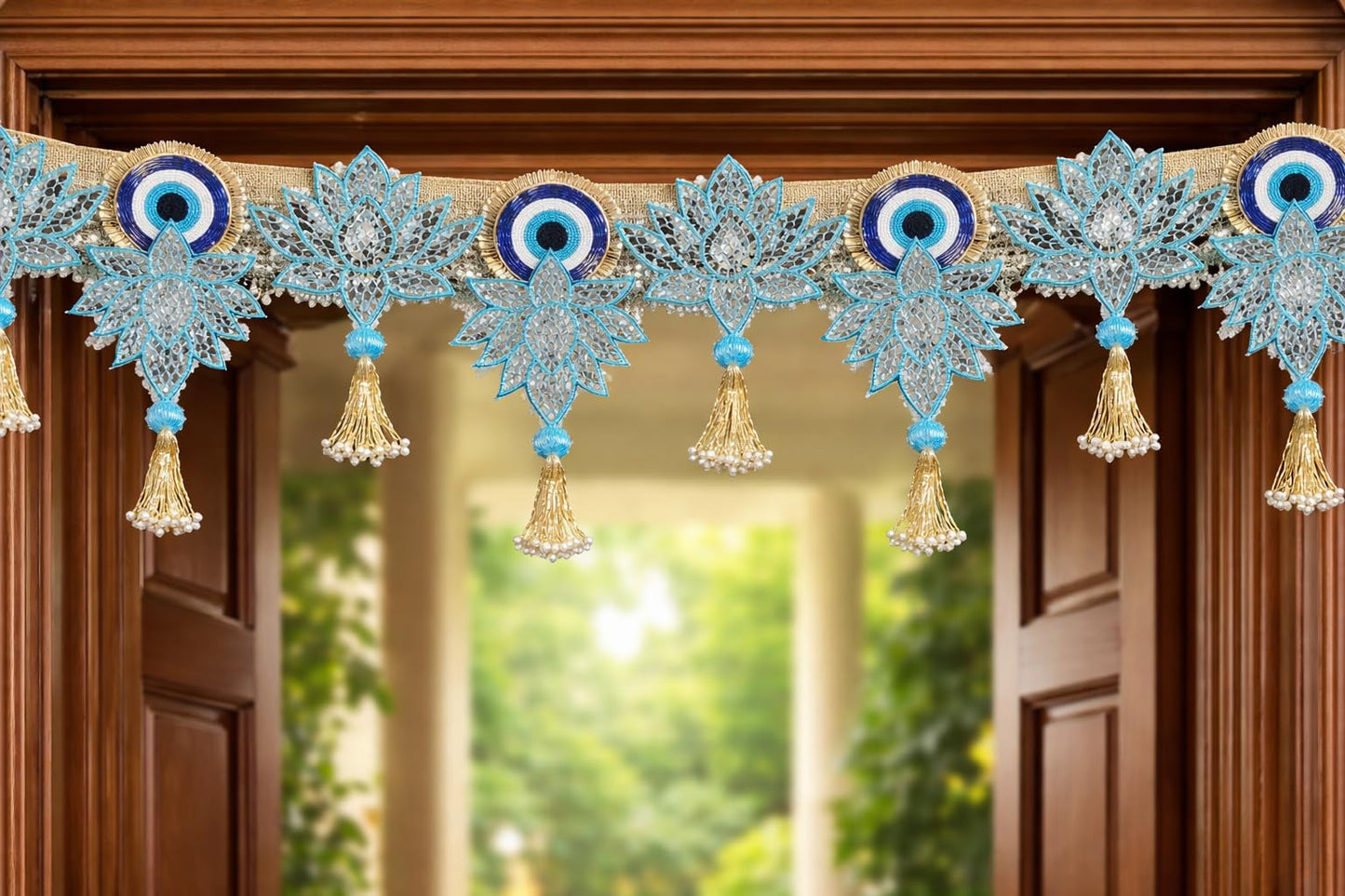 Sellplus Handcrafted Evil Eye Beaded Patch Protection Beads Latkan Decorative Bandhanwar for Main Door Home Festival Wall Hanging | Pack of 1 (BDHW404)
