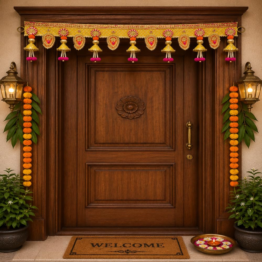 Sellplus Traditional Handcrafted Royal Yellow Ethnic Pearl Jhumka Designer Door Bandhanwar Toran for Diwali Decoration and Festive Home Entrance Decor (BDHW420)