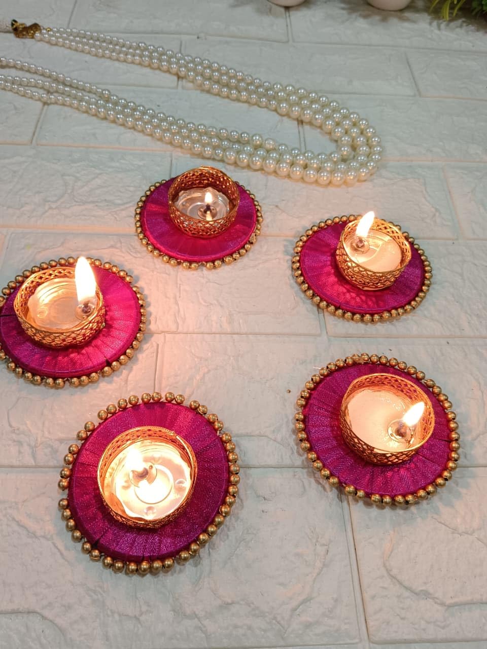 Sellplus Handcrafted Premium Designer Tealight Candle Holder Set with Pearl Border and Golden Mesh Diya for Festive Home Decor (Pack of 5) (Tealight-239)