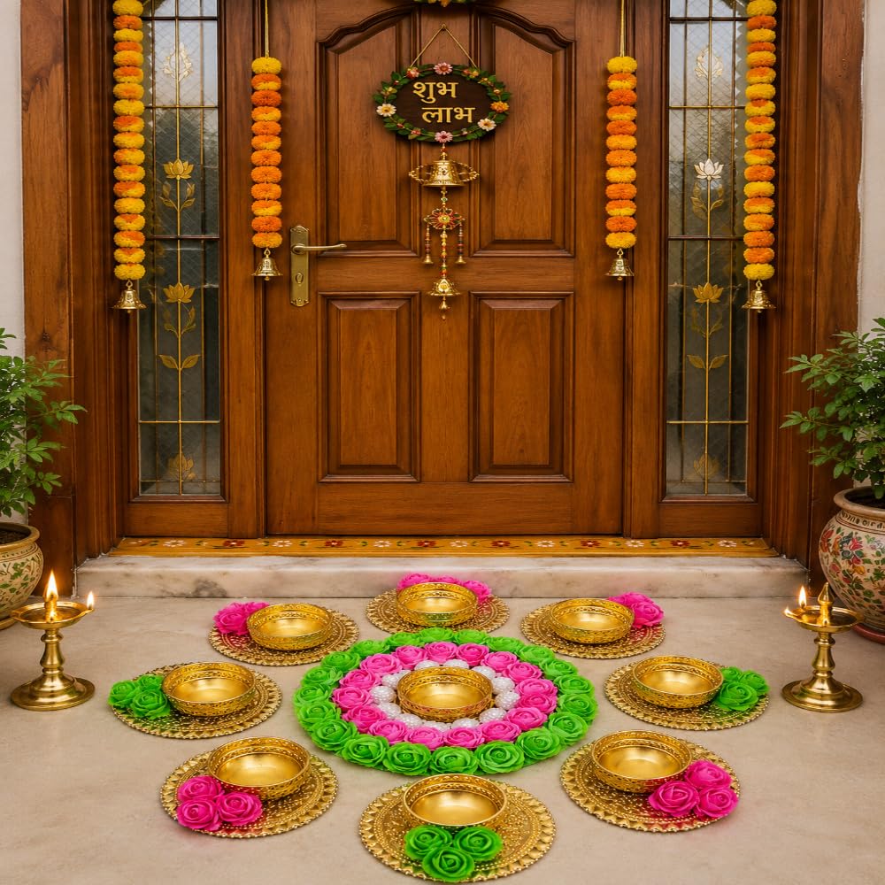 Sellplus Handmade Floral Diya Holder Set with Decorative Rose Rangoli Design Traditional Tea Light Candle Stand for Diwali Home Decoration Festival Pooja Mandir Entrance Table Decor (Rang172)