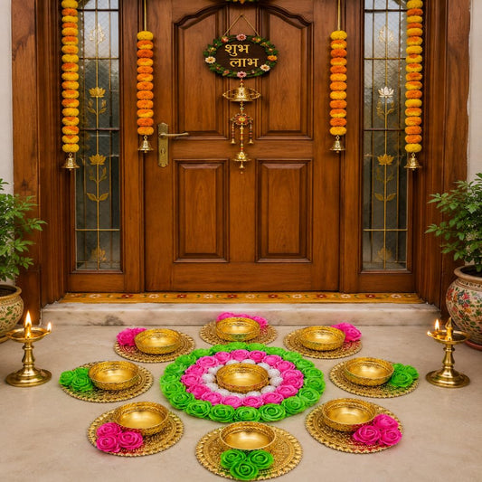 NUTTS  Handmade Floral Diya Holder Set with Decorative Rose Rangoli Design Traditional Tea Light Candle Stand for Diwali Home Decoration Festival Pooja Mandir Entrance Table Decor (Rang172)