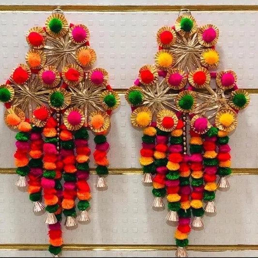 Nutts Handmade Multicolor Pom Pom Wall Hanging | Gota Chakri Jall Chudi Hanging Design & Tassel for Main Door Room Festival Decoration Pack of 2 (SMALL37)