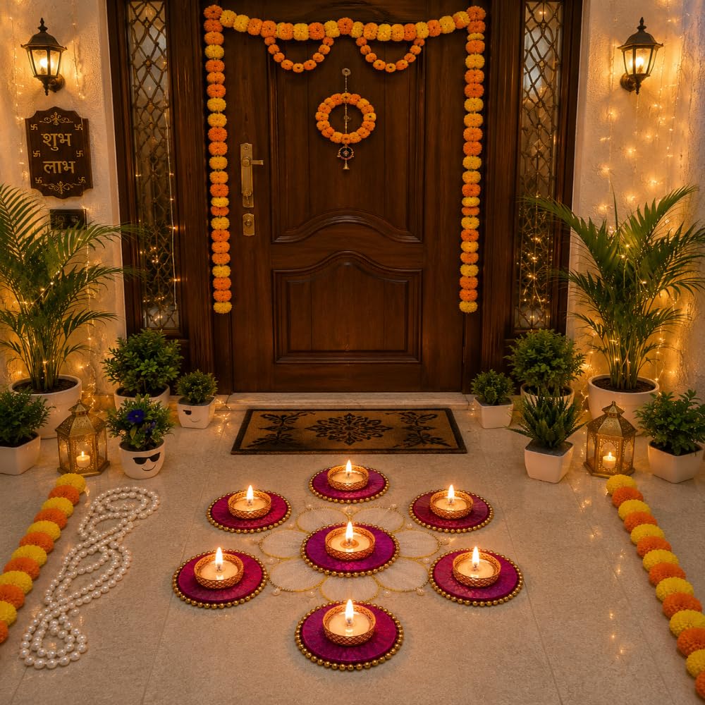 Sellplus Decorative Pearl Beaded Rangoli with Golden Border and Pink Yellow Fabric Base for Diwali Pooja Home Entrance Wedding Festival Decoration Candle Holder Set (Rang168-2)