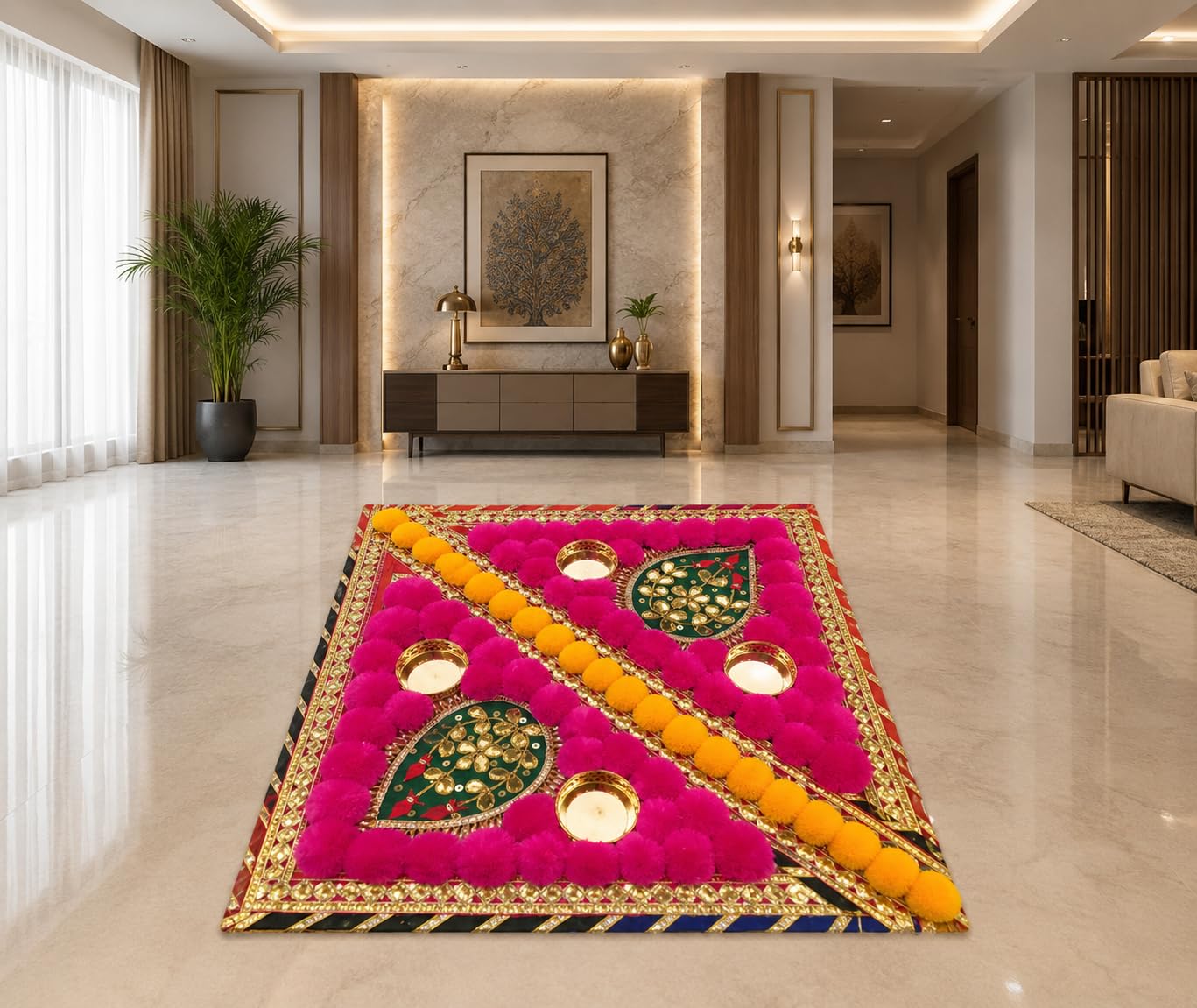 Sellplus Traditional Rangoli Tealight Set Decorative Festival Floor Decor for Diwali Navratri Pooja Wedding Home Entrance Reusable Elegant Design Set of 1 (Rang151)