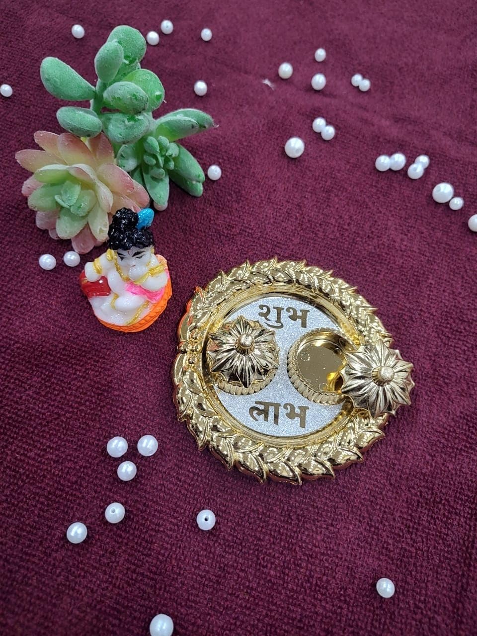Nutts Decorative Pooja Thali Haldi Kumkum Chandan Holder Plate Gifts With Small Lord Set for Home & Office Decoration & Gifting (Krishana Ji Round) (PoojaP16)