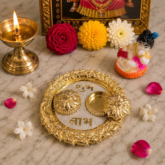 Nutts Decorative Pooja Thali Haldi Kumkum Chandan Holder Plate Gifts With Small Lord Set for Home & Office Decoration & Gifting (Krishana Ji Round) (PoojaP16)