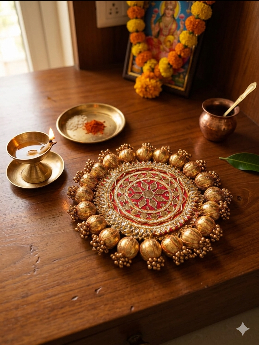 Nutts Decorative Traditional Pooja Thali Elegant Festival Prayer Plate for Home Temple Daily Worship Religious Rituals Festive Decoration (PoojaP03-2)