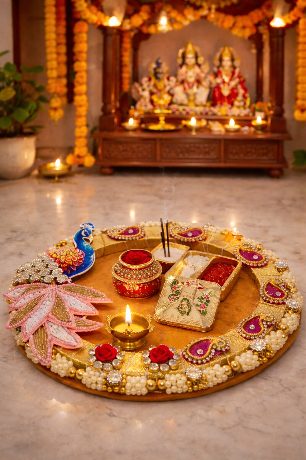 Nutts Decorative Traditional Peacock Pooja Thali for Daily Worship Temple Home Spiritual Ritual Use(Pack Of 1) (PoojaP10)
