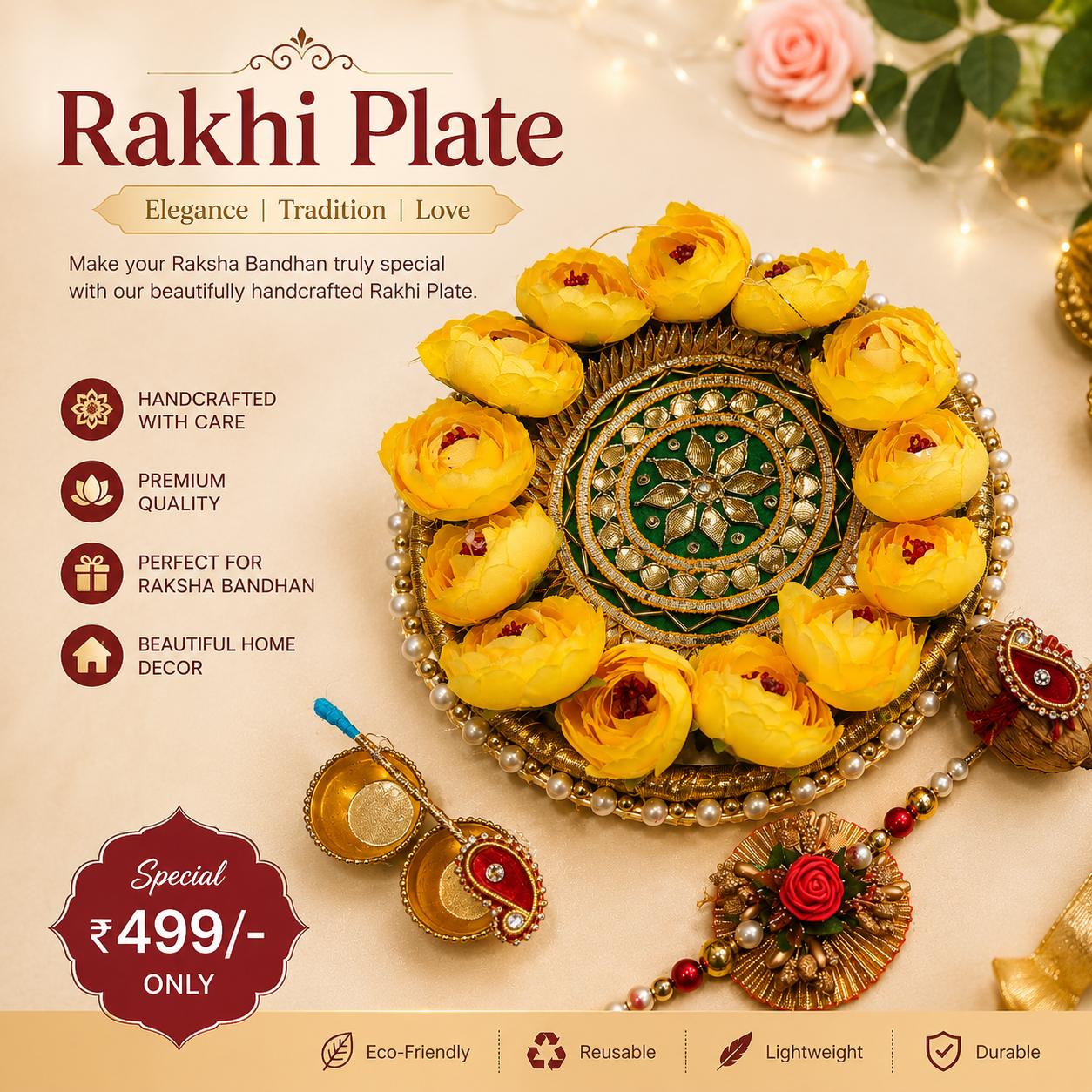 Nutts Handmade Decorative Rakhi Thali Plate Raksha Bandhan Pooja Thali Roli Chawal with Rakhi (RakhiP01)