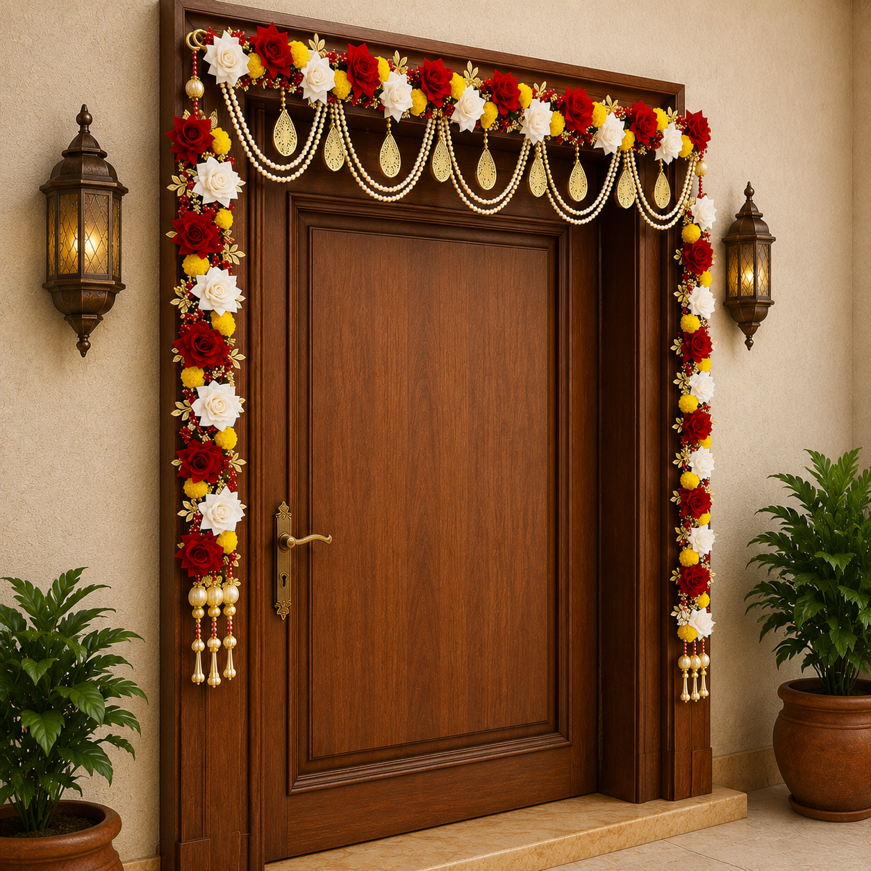 Nutts Decorative Velvet Roses Golden Beads Bandhanwar For Door Festive Decor Diwali Decor