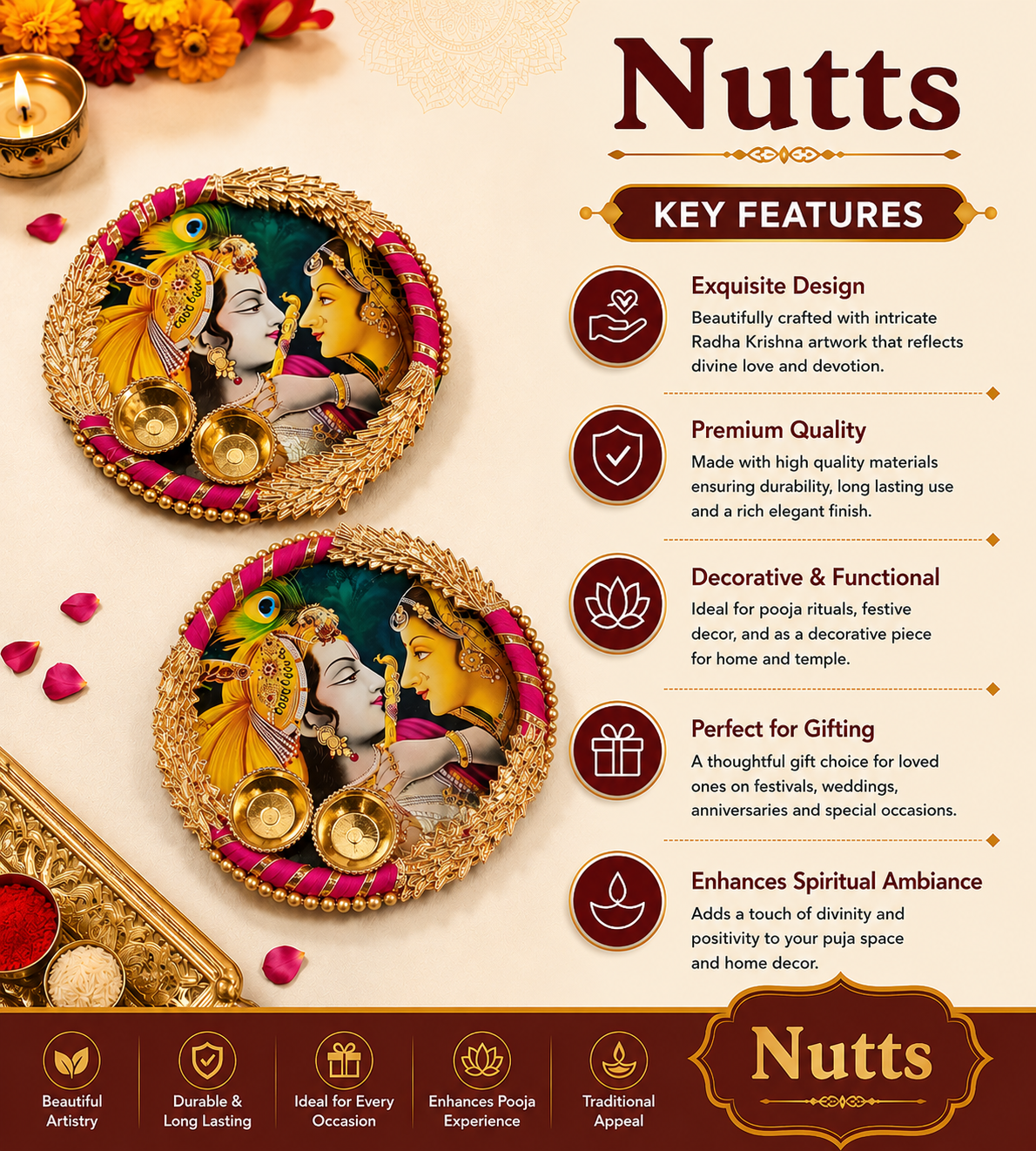 Nutts Decorative Traditional Pooja Festival Prayer with Elegant Design for Daily Worship Temple Home Celebration Spiritual Ritual Use(Pack Of 1) (PoojaP06)