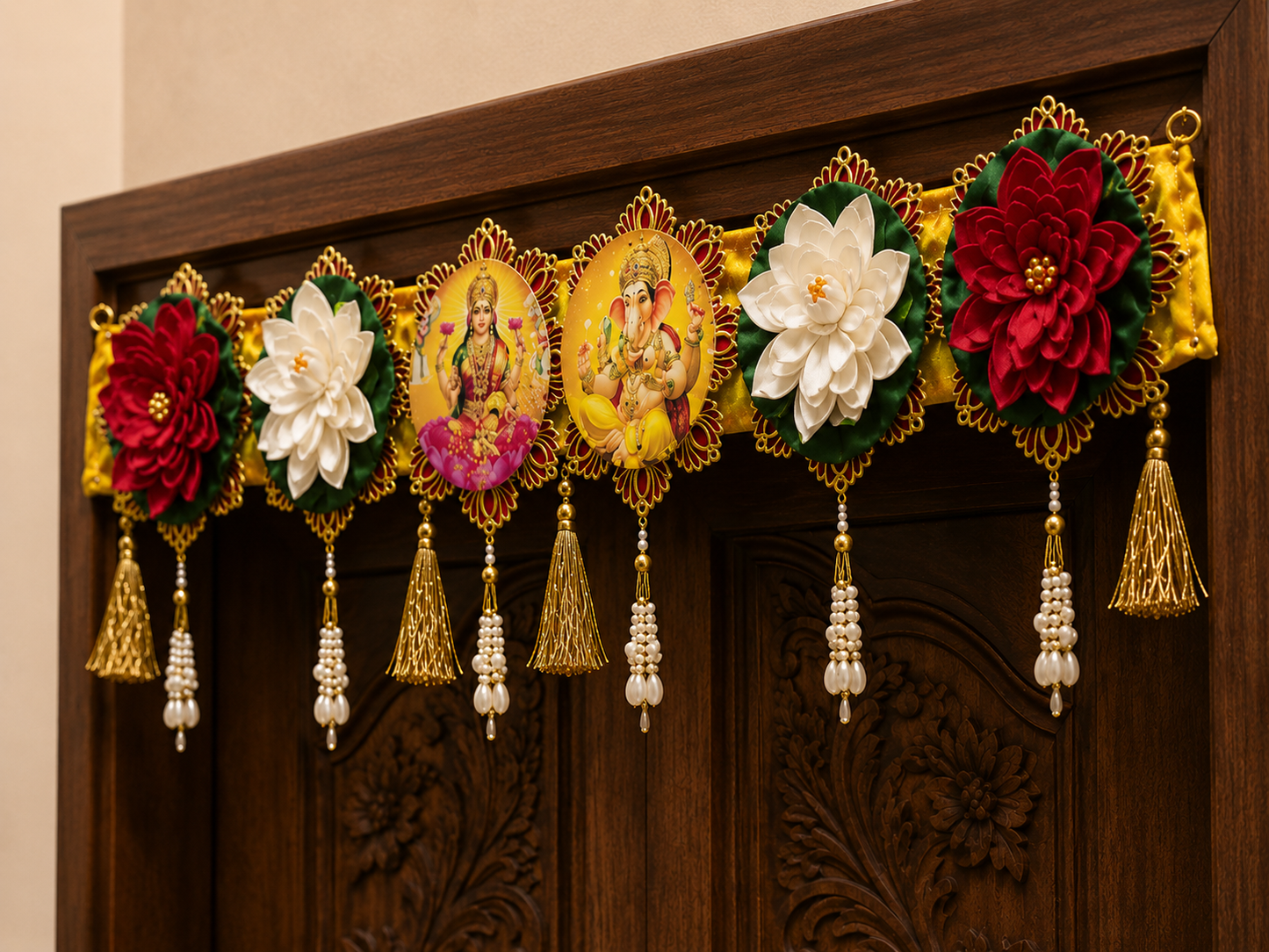 Nutts Decorative Laxmi Ganesh Ji Foam Lotus Floral Bandhanwar For Home Festival Events Decoration