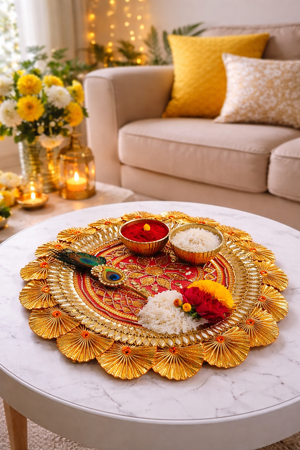 Nutts Handmade Decorative Kumkum Chawal with Morpankh Tilak Stick Platter | Roli Chawal Holder for Temple/Rakhi/Welcome Plate/Return Gift/Wedding/Home Pooja Plate (PoojaP2-2)