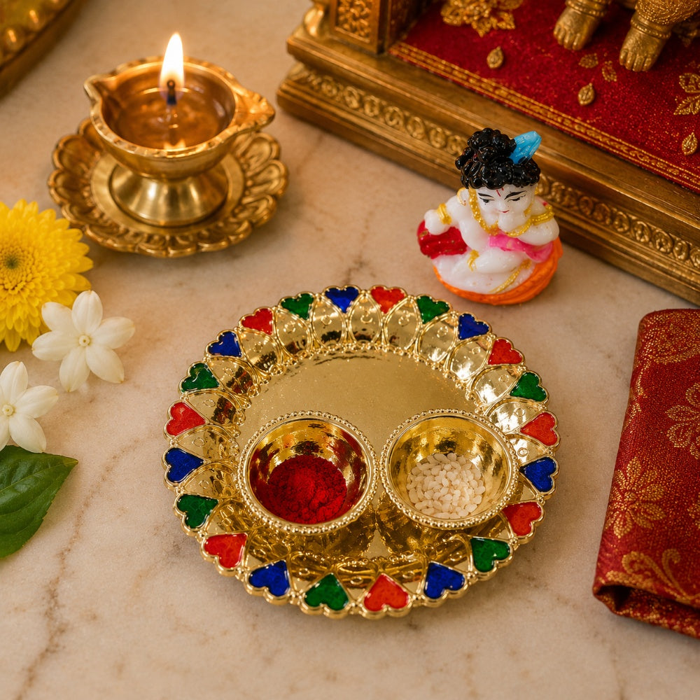 Nutts Decorative Pooja Thali Haldi Kumkum Chandhan Holder Plate Gifts With Small Lord Set for Home & Office Decoration & Gifting (Krishna Ji Round) (PoojaP15-1))