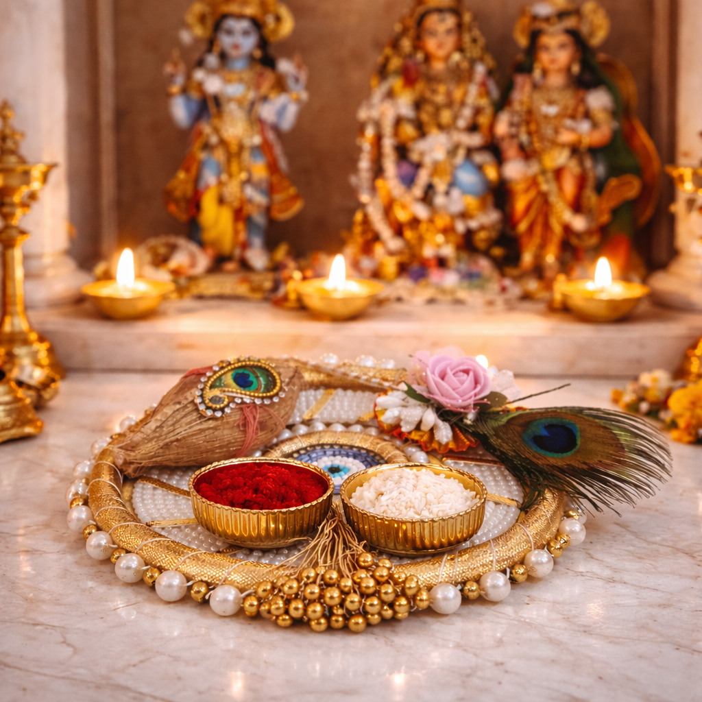 Nutts Decorative Traditional Pooja Festival EvilEye Pooja Plate with Tilak Stick  for Daily Worship Temple Home Celebration Spiritual Ritual Use(Pack Of 1) (PoojaP08)