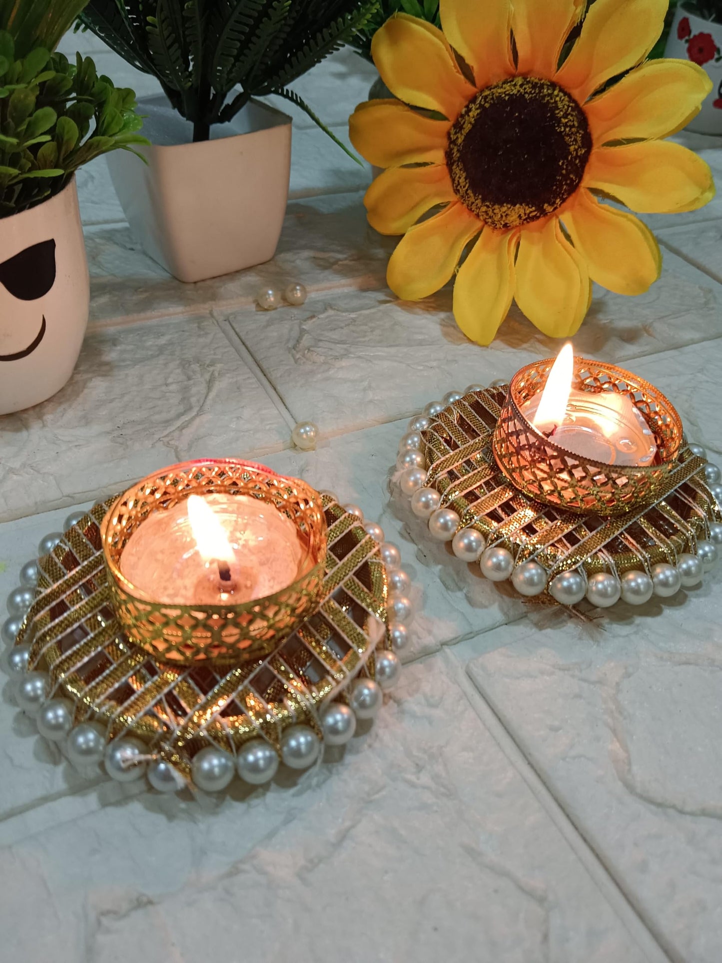 Sellplus Handcrafted Premium Pearl Designer Decor Pack of 2 Handmade Fabric & Bead Decorative Tealight Holder for Festival Puja Rangoli Decoration (Tealight-215)