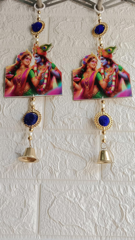 Nutts Decor Radha-Krishana Door Hanging Toran with Pearl Beads, Golden Bell, Blue Pom pom Traditional Door Decoration Item for Home on Dewali,Holi, Housewarming and Wedding (MDF-SH07)