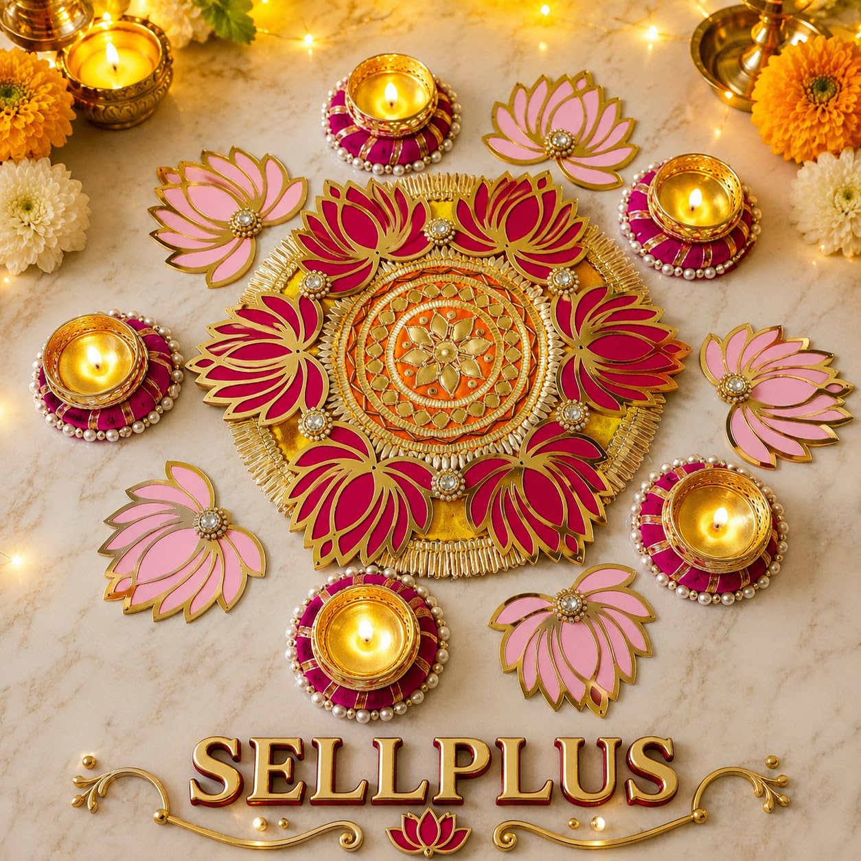 Sellplus Decorative Rangoli Tealight Holder Traditional Festival Floor Decor for Diwali Pooja Home Entrance Living Room Wedding Celebration Set of 1 (Rang125)