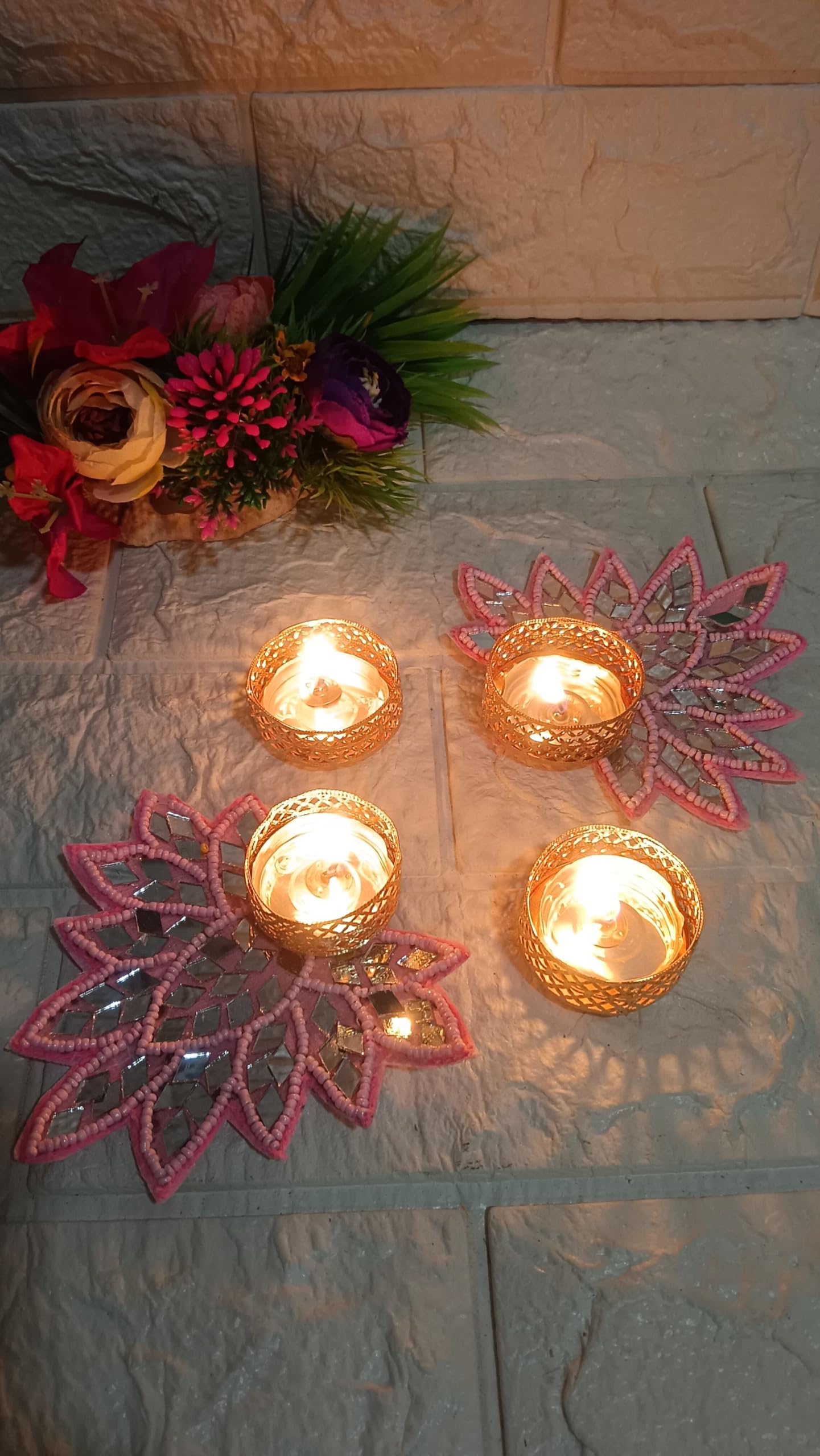Sellplus Decorative Mirror Lotus Patch Tealight Holder | Decoration for Home | Office | Diwali | Pooja | Diwali & All Special Festival Decor (Light Pink) (Design 19) (Pack of 2)(Tealight-130-2)