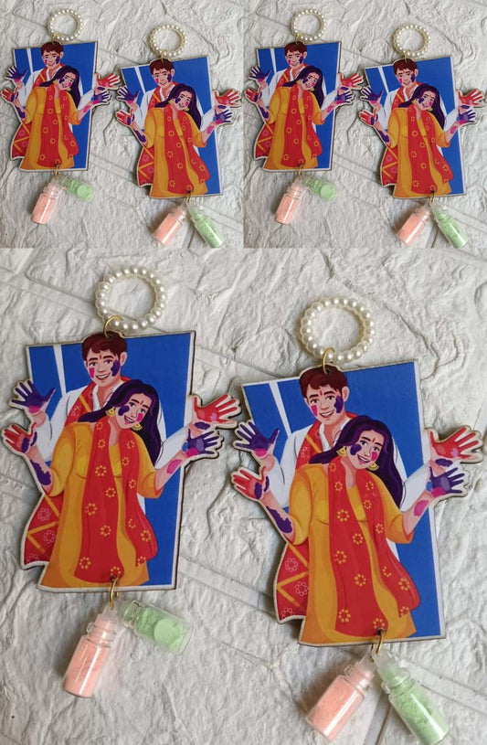 NUTTS Traditional MDF Couple Holi with Colours Bottles Decorative Holi Return Gifts for Festival Celebration (HOLIPLATE-58)