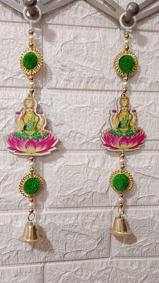 Nutts Decor Laxmi Ji Door Hanging Toran with Pearl Beads, Golden Bell, Green Pom pom Traditional Door Decoration Item for Home on Dewali,Holi, Housewarming and Wedding (Pack of 4) (MDF-SH10)