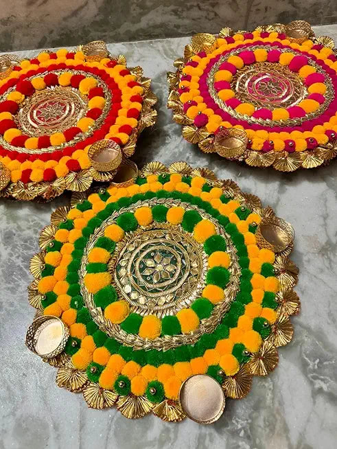 Decorative Handmade Multicolour Pom-Pom Rangoli Tlight | Rangoli Tlight for Decoration | Diwali Diya Set | (Design 19)