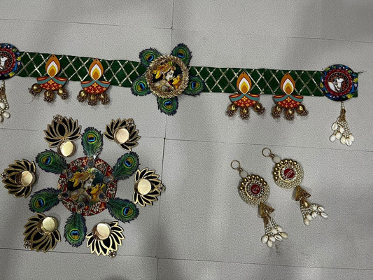 Sellplus Handmade Radha Krishna Peacock Bandhanwar Toran | Rangoli Tea Light Holder and Pair of Decorative Latkan Hanging | Main Door Entrance Decoration (Set of 1) (BDHW01)