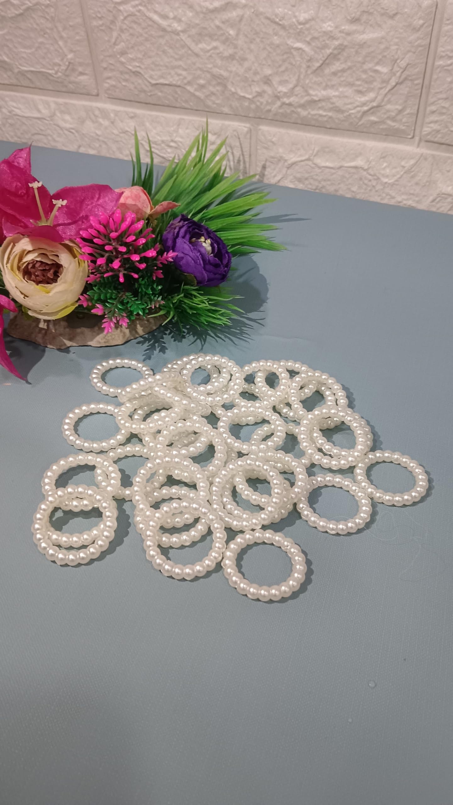 Nutts Decorative White Beaded Rings Pearl Ring Base for DIY Decoration Craft (Pack of 50)