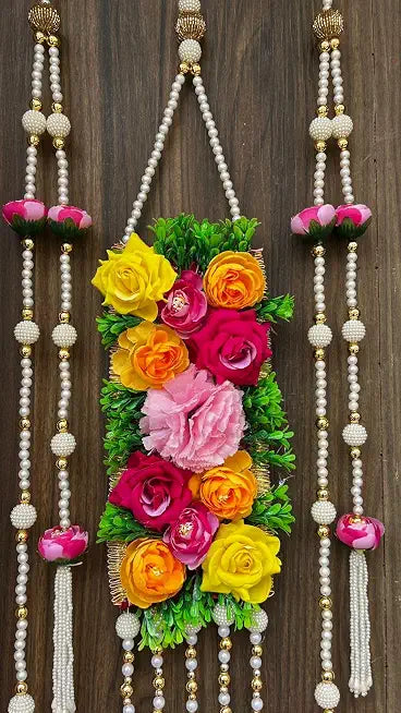 Nutts Handmade Artificial Flower & Beads Wall Hanging Toran | Home Decor Pooja Room Door Hanging Decorative Floral Latkan with Tassel Set of 1 (SMALL101)