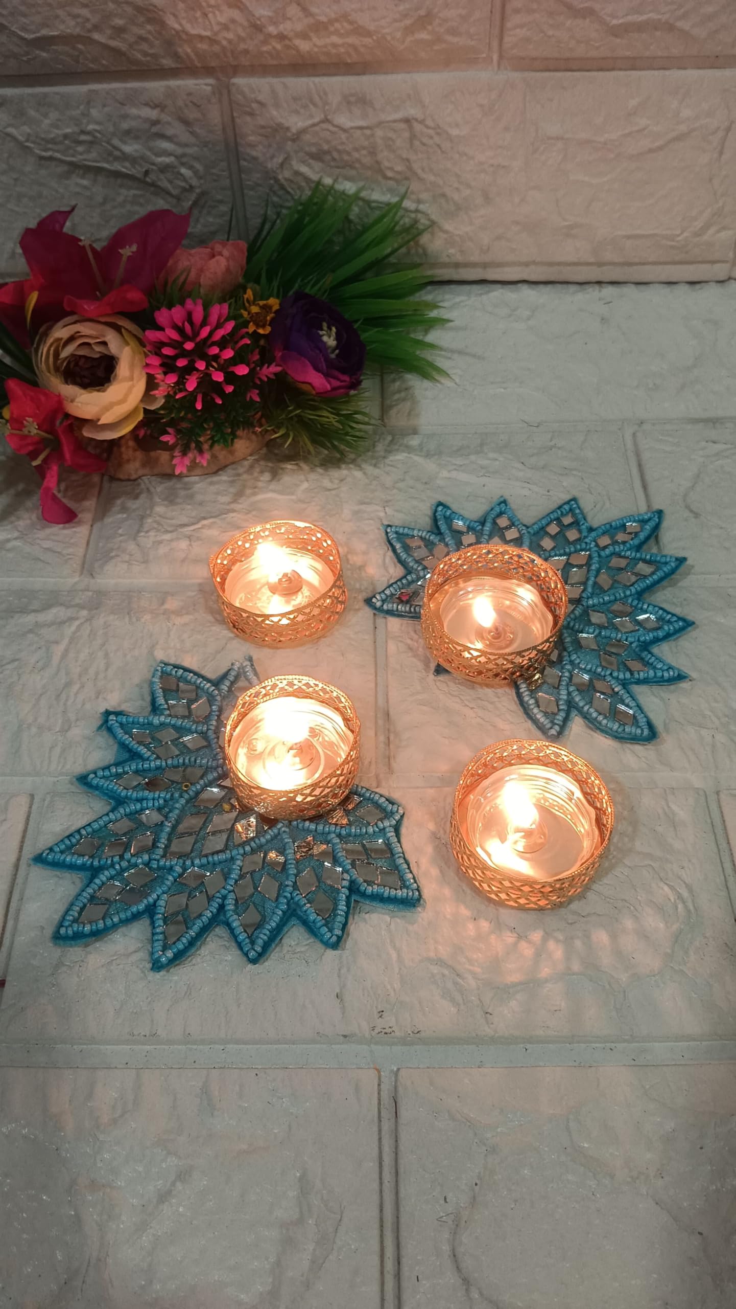 Sellplus Decorative Mirror Lotus Patch Tealight Holder | Decoration for Home | Office | Diwali | Pooja | Diwali & All Special Festival Decor (Blue) (Design 18) (Pack of 2)(Tealight-130-1)