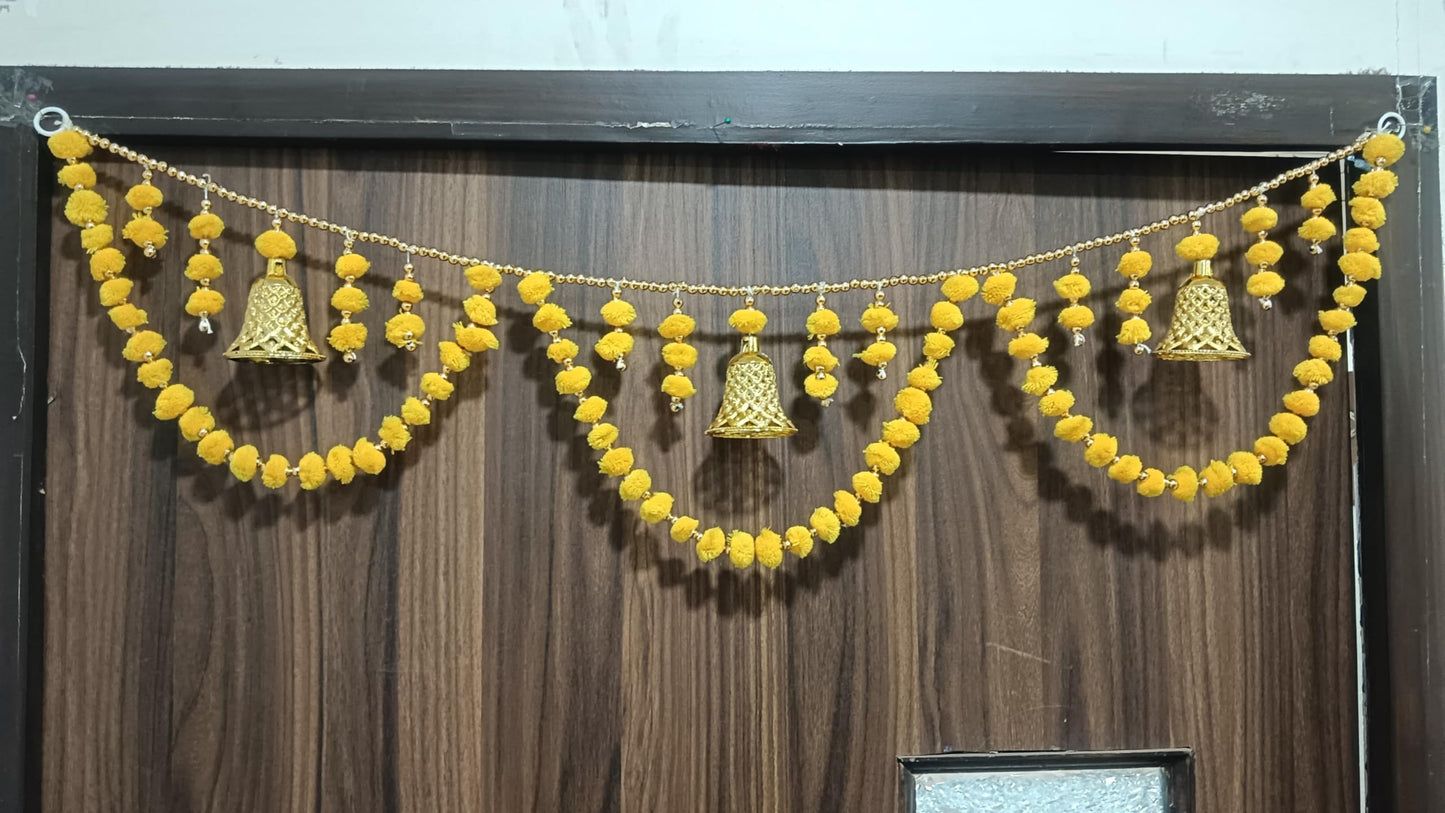 Sellplus Decorative Handcrafted Pom-Pom Beads Bandhanwar | Traditional Jaal Chudi Bell Pom-Pom Multicolour Bandhanwar for Main Door Decoration (Pack of 1) (BDHW506-3 (Yellow))