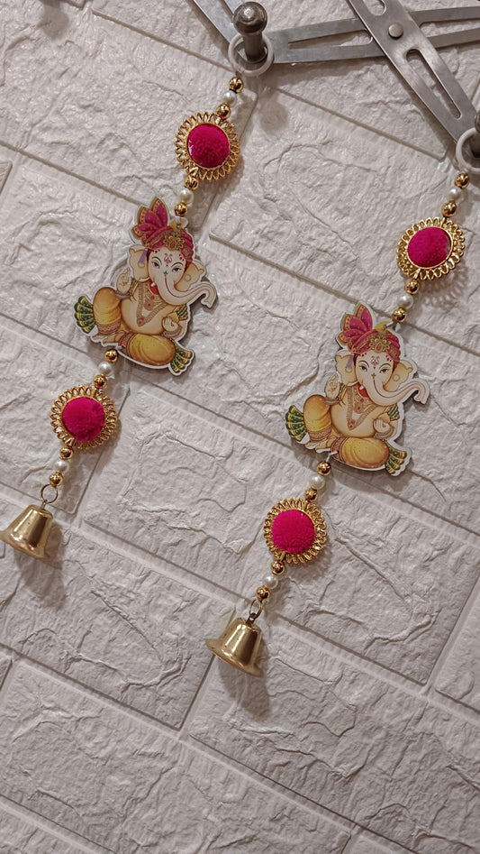 Nutts Decor Ganesh Ji Door Hanging Toran with Pearl Beads, Golden Bell, Pink Pom pom Traditional Door Decoration Item for Home on Dewali,Holi, Housewarming and Wedding (Pack of 4) (MDF-SH11)