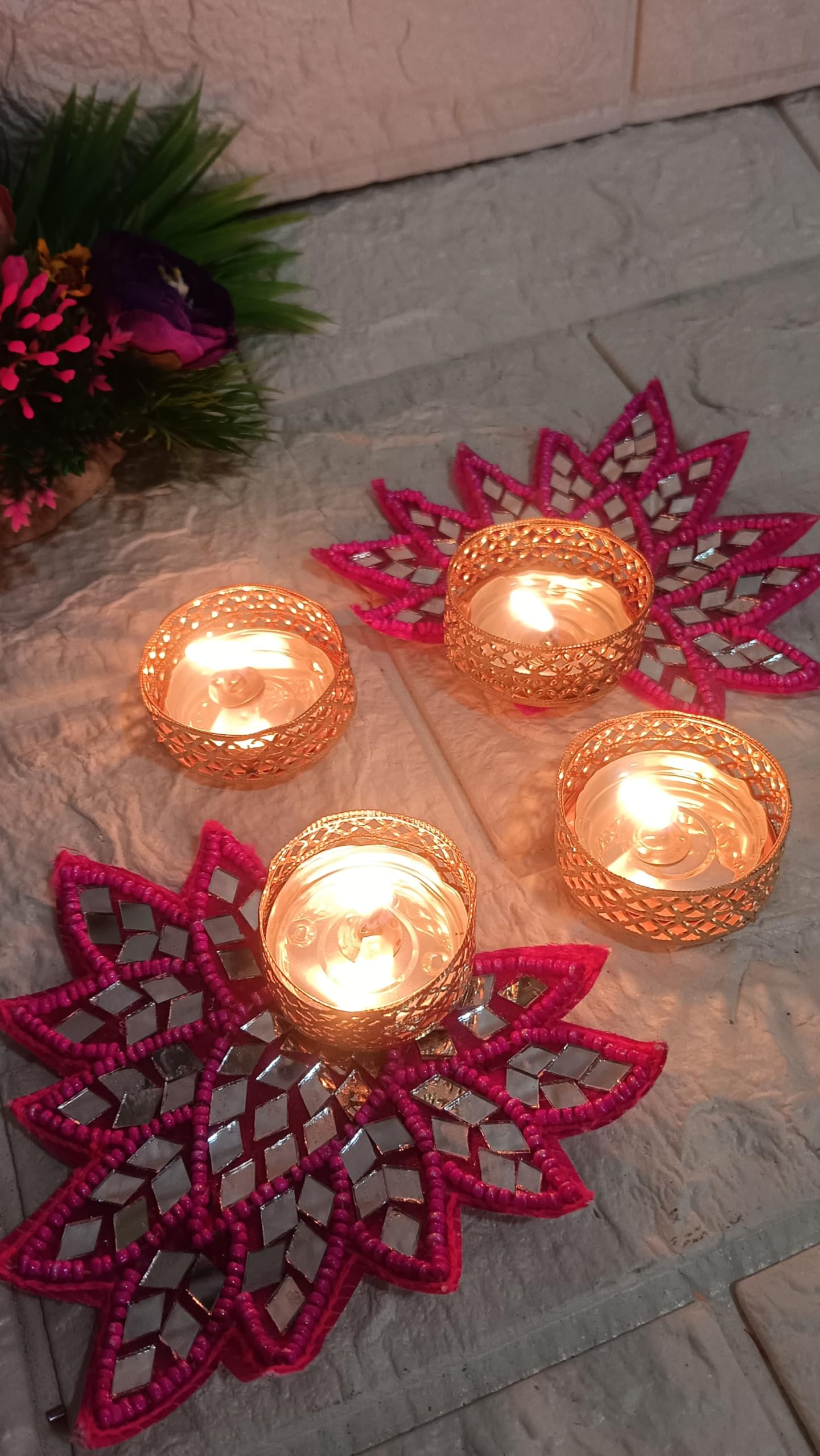 Sellplus Decorative Mirror Lotus Patch Tealight Holder | Decoration for Home | Office | Diwali | Pooja | Diwali & All Special Festival Decor (Pink) (Design 20) (Pack of 2)(Tealight-130-4)