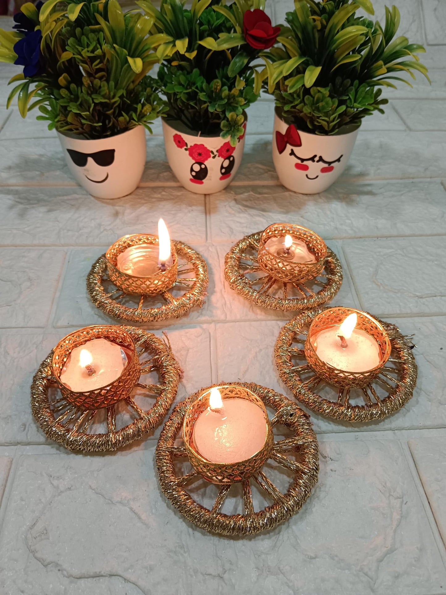 Sellplus HandcraftedGolden Ring Design Tealight Candle Holder Set with Decorative Round Base for Diwali Pooja Home Décor (Pack of 5) (Tealight-211)