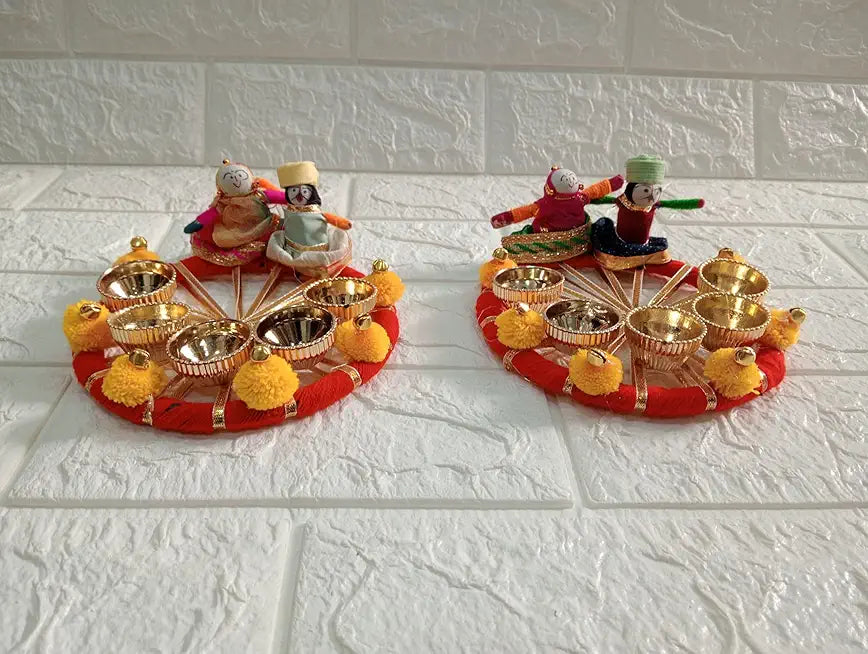 Traditional Holi Festival Decorative Platter Set with Dolls,Colourful Bottles, Bowls for Colours (SP-Holi-PL02) (Pack of 2)