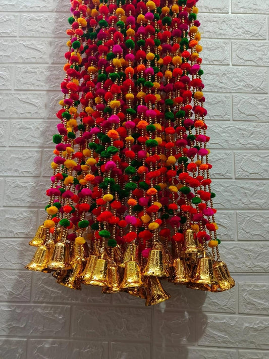 Nutts Handmade Decorative Bell Toran | Traditional Multicolour Pom-Pom Toran for Home Decor | Hanging for Decortion (PMPMT116)