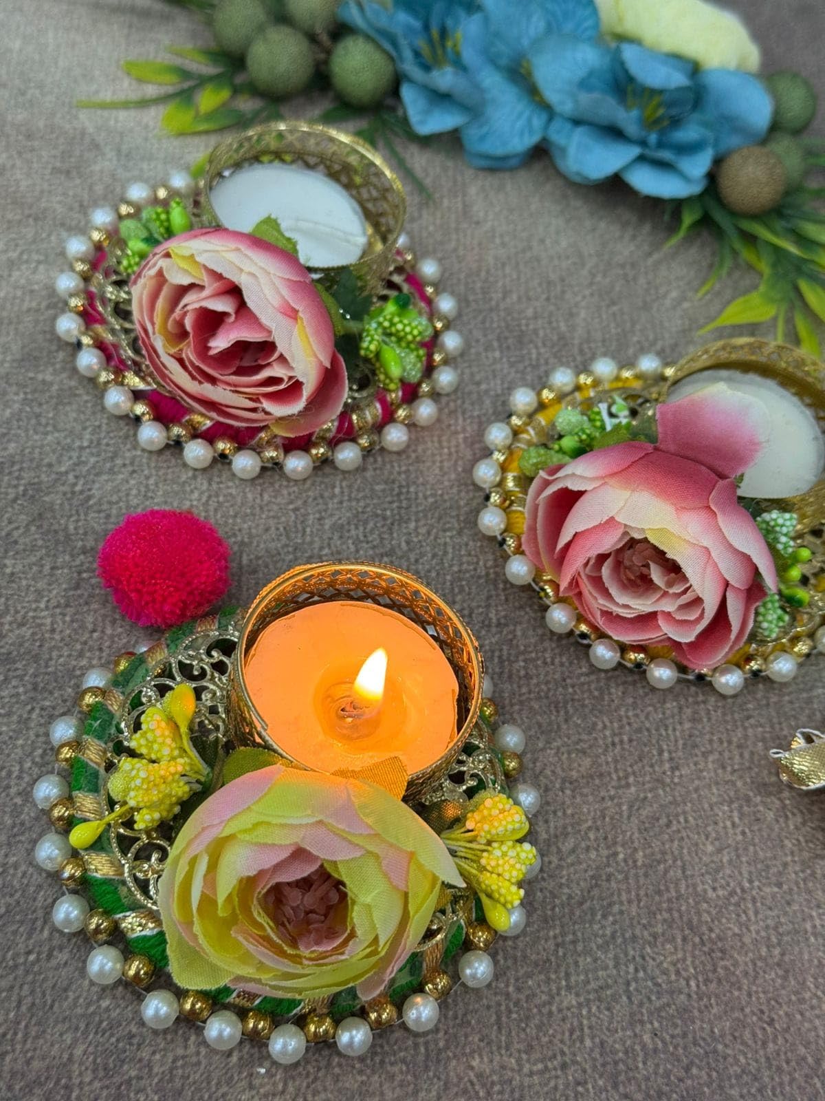 Sellplus Handmade Fabric & Bead Decorative Tealight Holder for Festival Puja Rangoli Decoration (Tealight-287)
