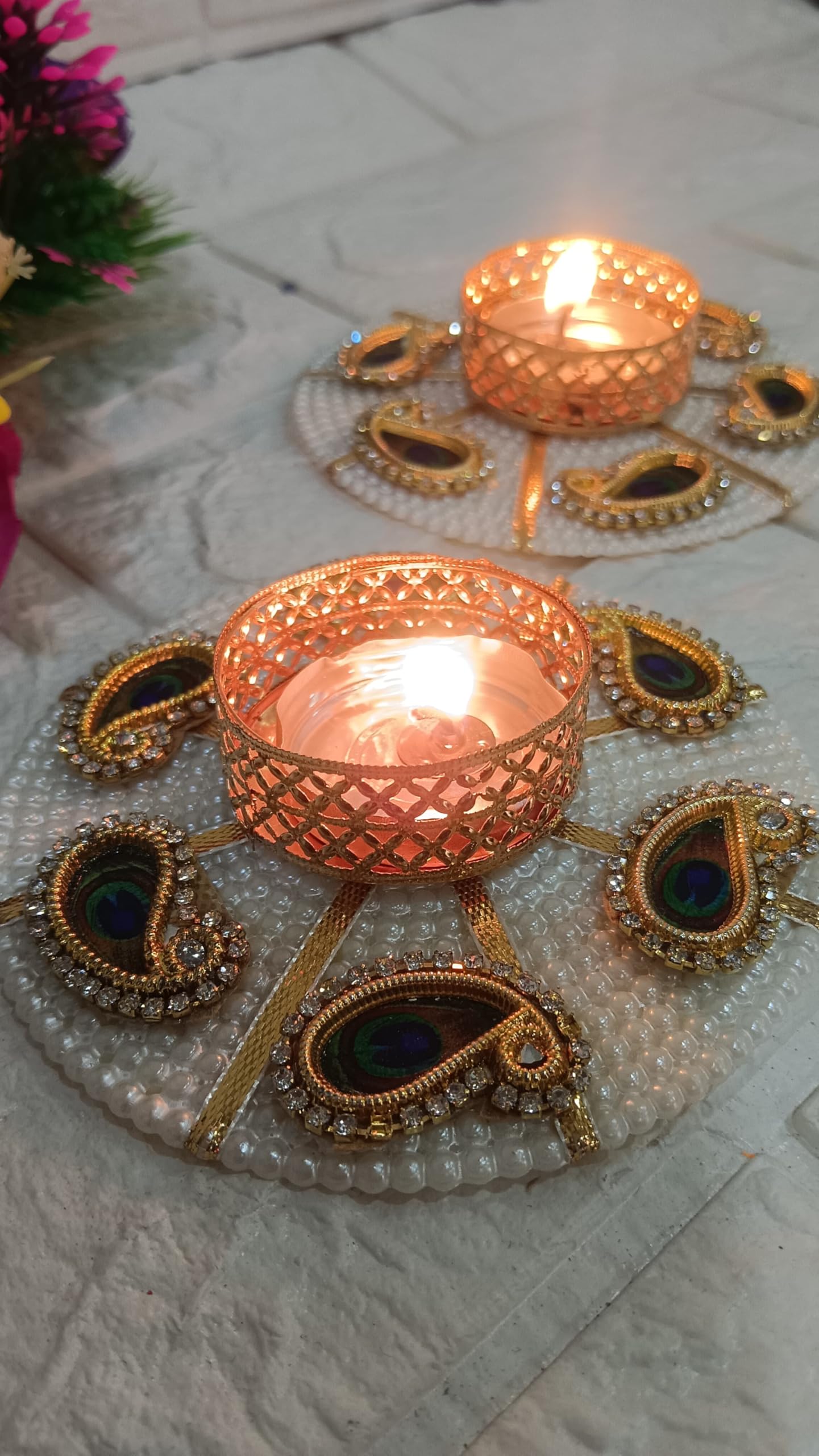 Sellplus Decorative Booti Tealight Holder | Decoration for Home | Office | Diwali | Pooja | Diwali & All Special Festival Decor (Design 24) (Pack of 2)(Tealight-207)