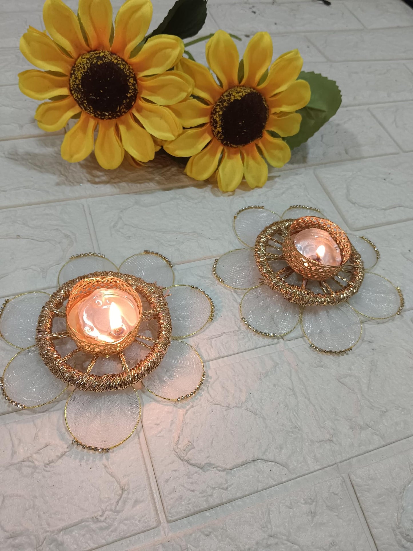 Sellplus Handcrafted Floral Gold Tealight Candle Holder Set with Elegant Mesh Petal Design for Diwali Home Decor (Pack of 2) (Tealight-194)